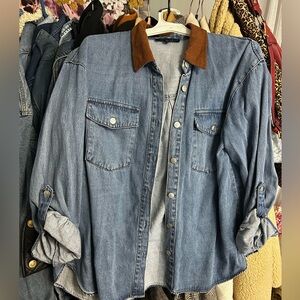 Jane and Delancey Blue Button Down Shirt with Brown Collar